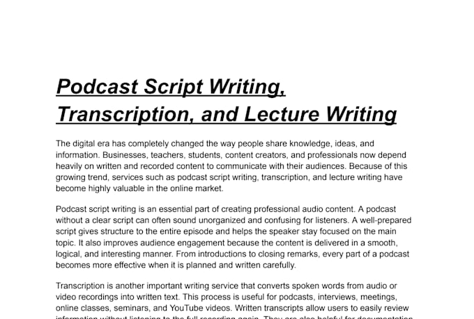creat the transcript and podcast writing and lecture writing